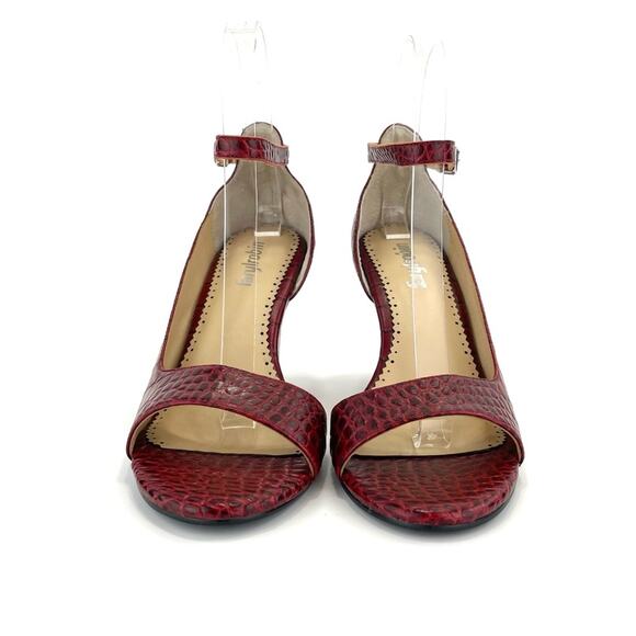 Farylrobin/Anthropologie D'Orsay Wedge Sandal Sz 7 Red Leather Embossed Open-Toe - Picture 3 of 16